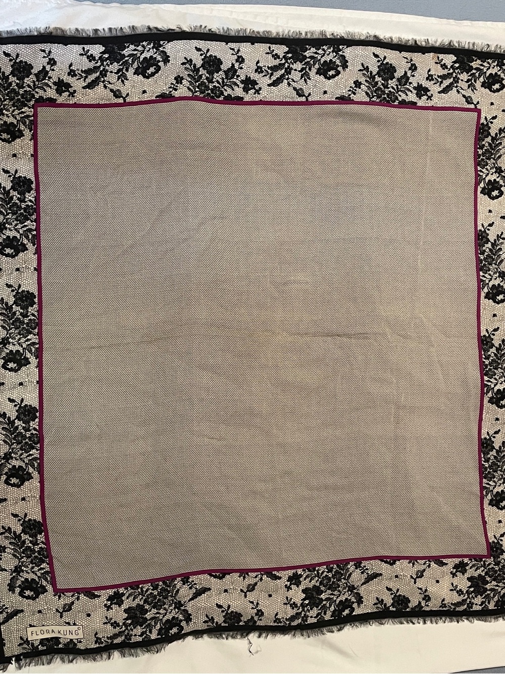 Vintage Flora Kung Floral Border Square Scarf in Beige and Black with Burgundy
